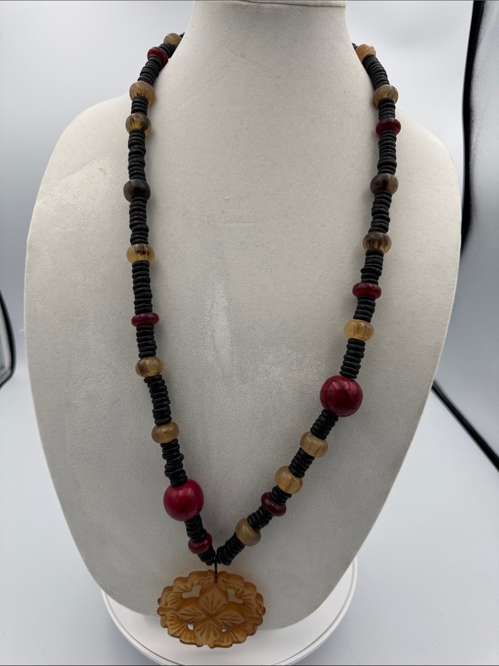 Chico's Black, Red and Amber Beaded Necklace with Carved Amber Pendant
